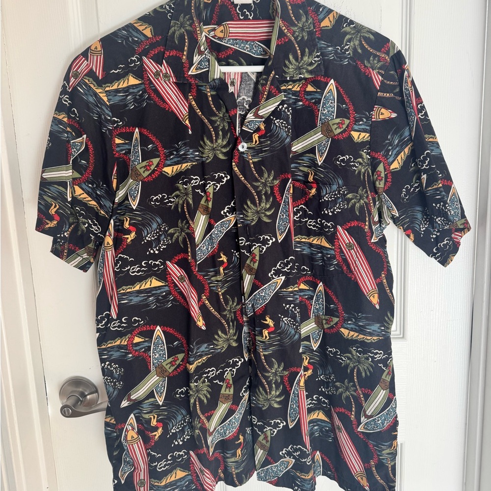 Black and Red Casual Button Down Shirt with Tropical Print